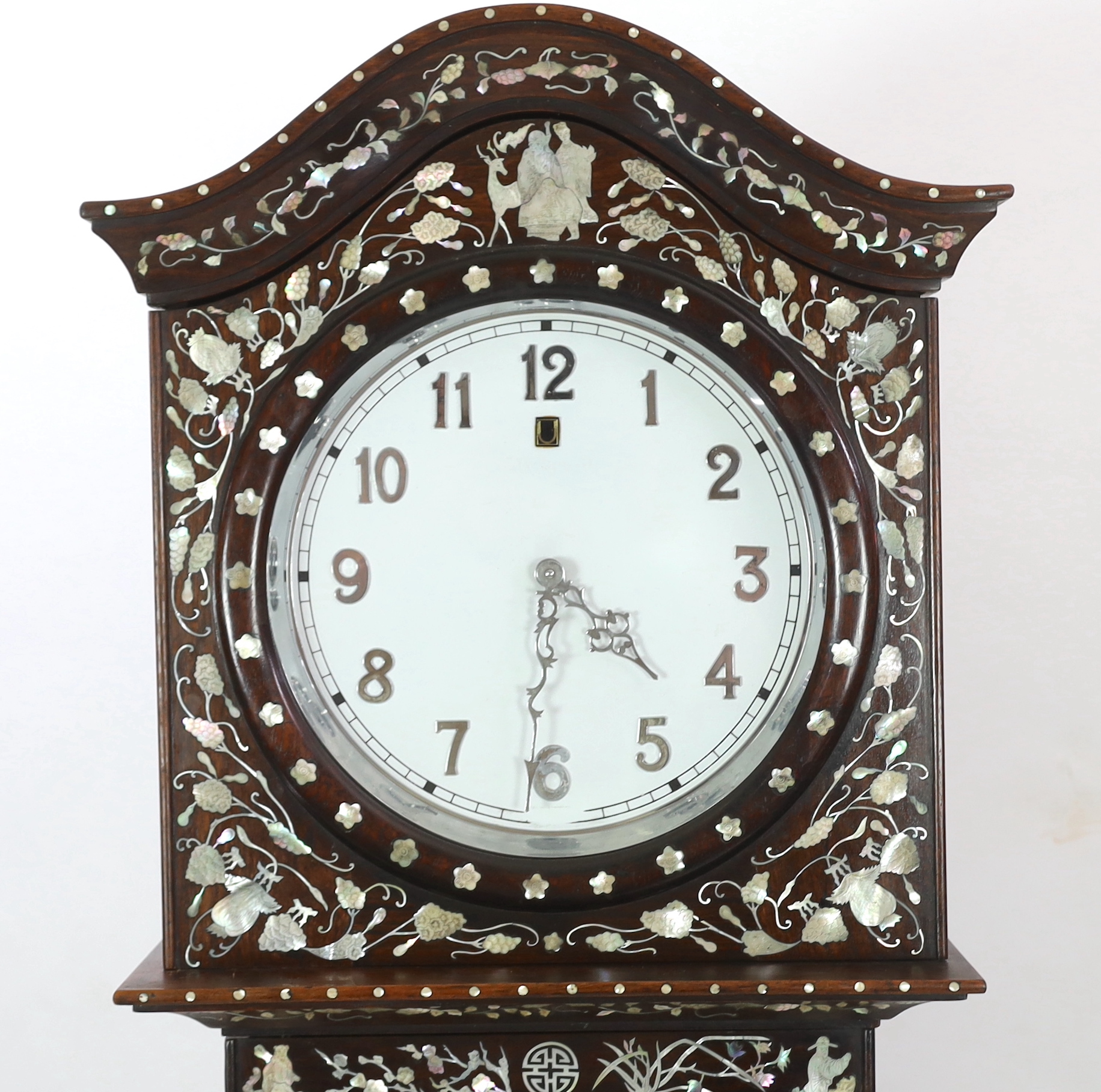 A Chinese hardwood and mother-of-pearl inlaid longcase clock, mid 20th century